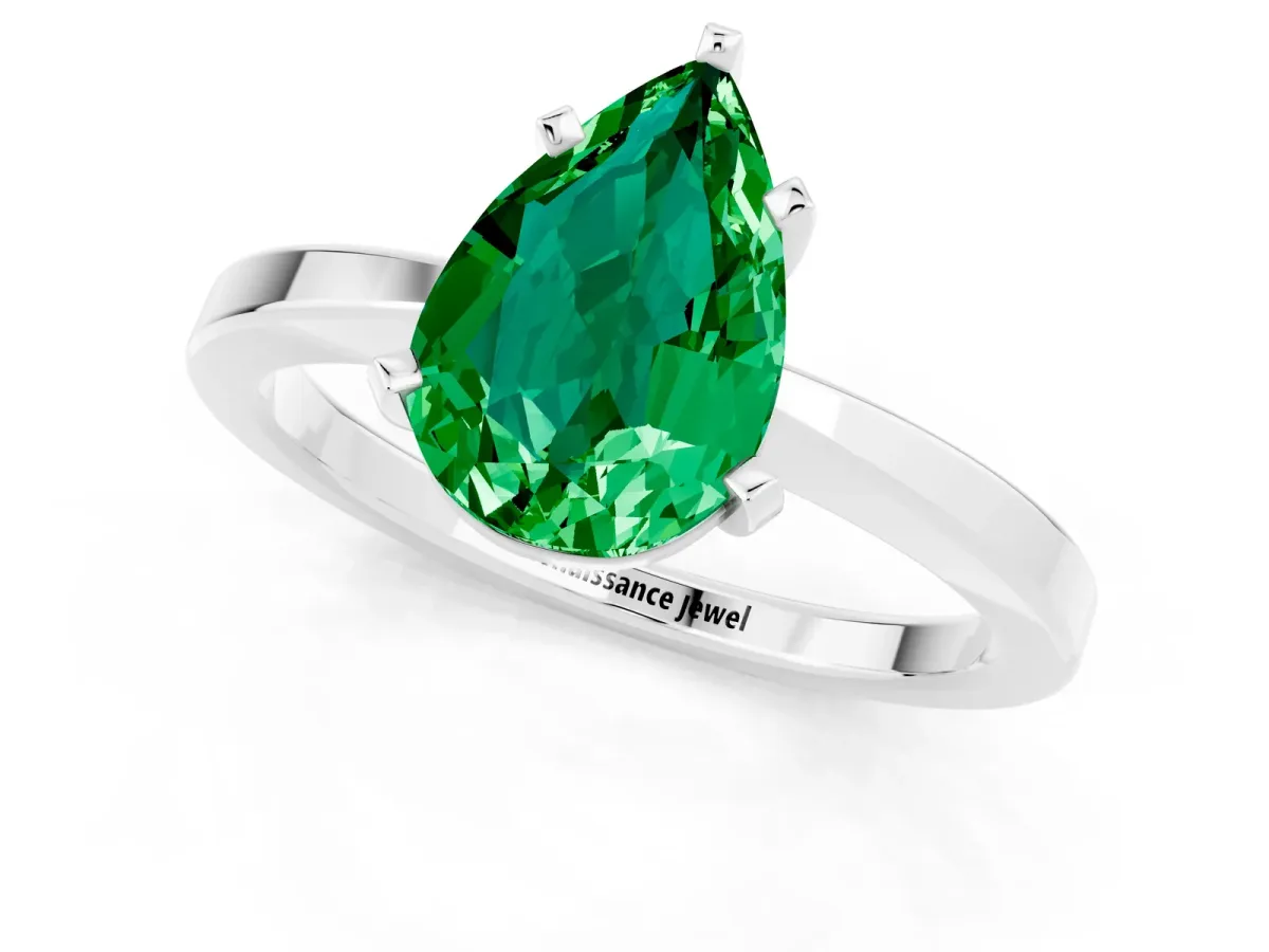 Pear Cut Emerald Solitaire Engagement Ring with Classic Band and Four-Prong Setting Platinum