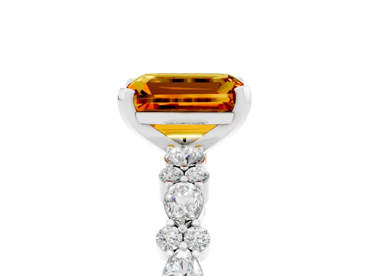 Emerald Cut Citrine Side Stone Solitaire Ring with Round and Four-Prong Setting Platinum