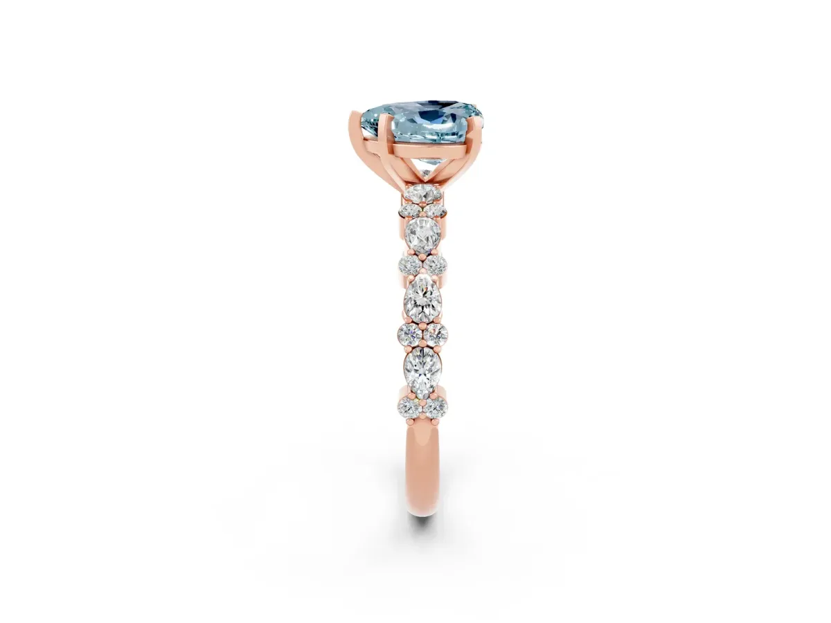Heart Cut Aquamarine Side Stone Solitaire Ring with Round and Four-Prong Setting Rose gold