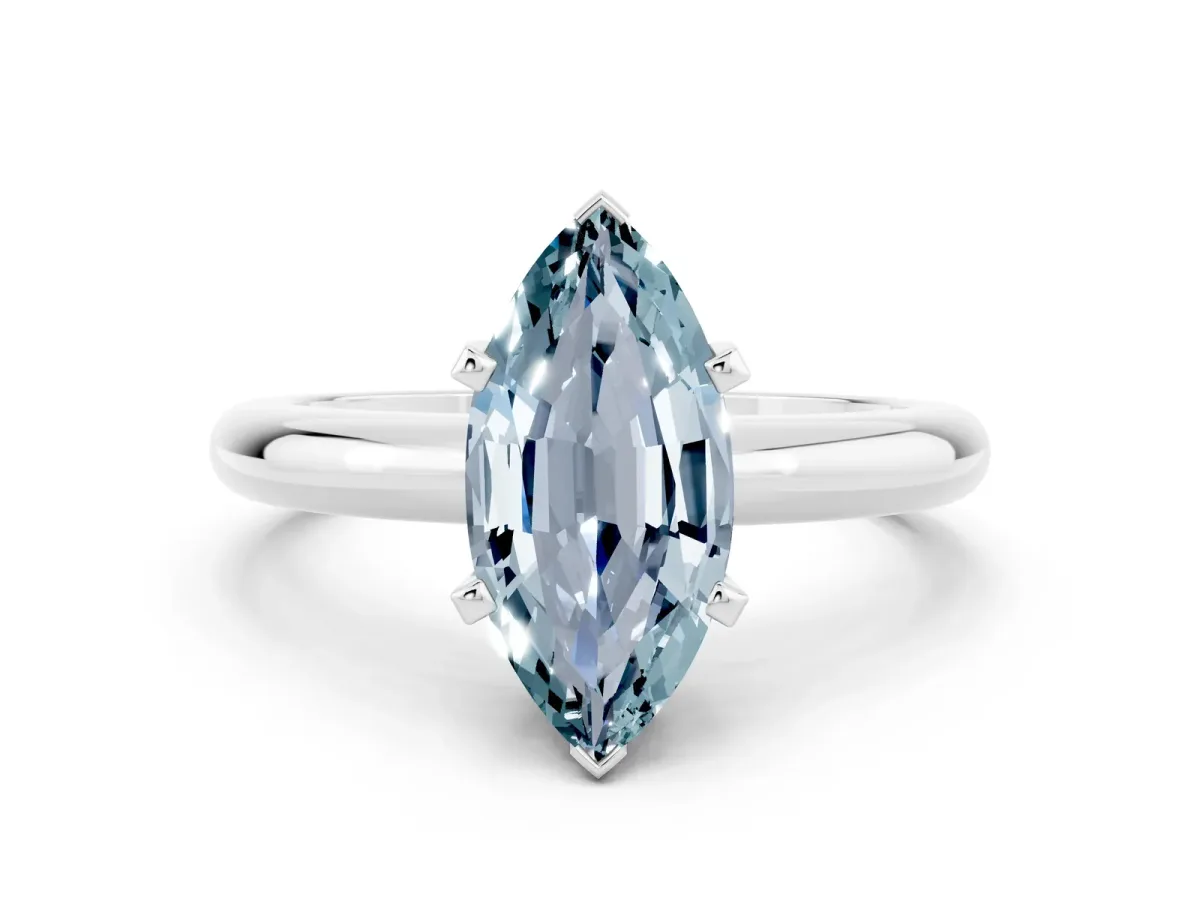 Marquise Cut Aquamarine Solitaire Engagement Ring with Round Band and Four-Prong Setting Silver