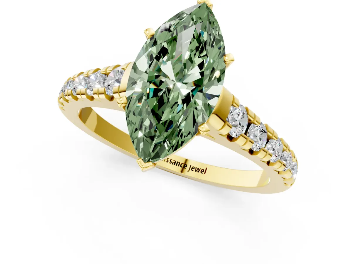 Fancy Green Marquise Cut Diamond Cathedral Solitaire Ring with Round Pavé Band Yellow gold