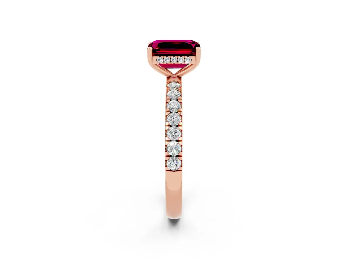 Emerald Cut Garnet Pave Band Solitaire Ring with Round and Prong Setting Rose gold
