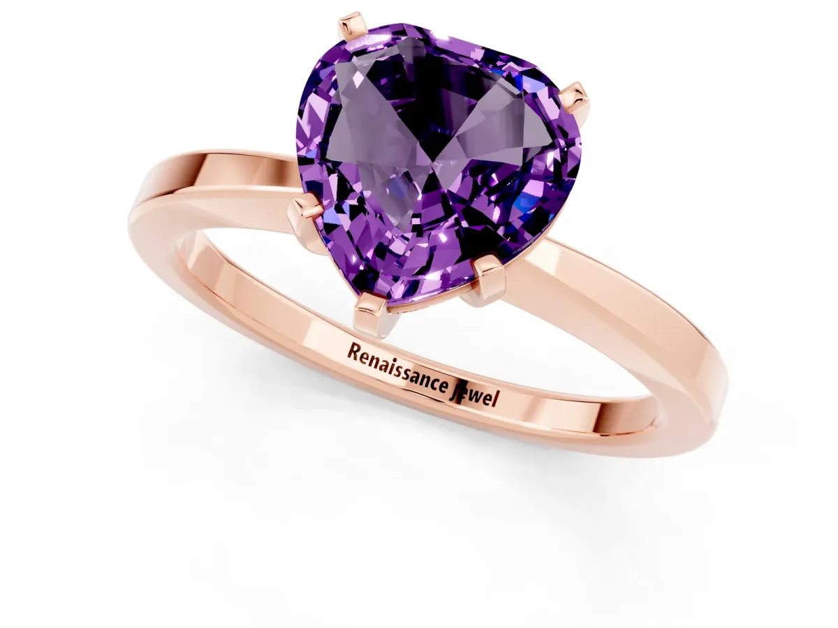 Heart Cut Amethyst Solitaire Engagement Ring with Classic Band and Four-Prong Setting Rose gold