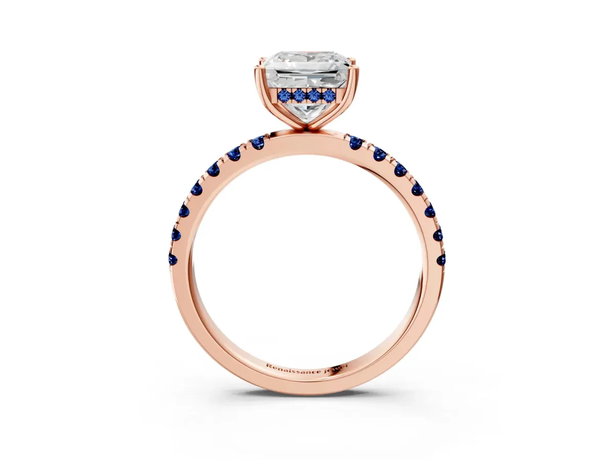 Princess Cut Diamond Pave Band Solitaire Ring with Round Blue Sapphire and Prong Setting Rose gold