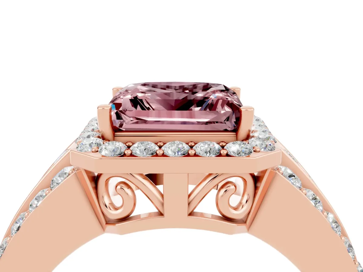 Princess Cut Halo Morganite Ring with Round Split Shank and Prong Setting Rose gold