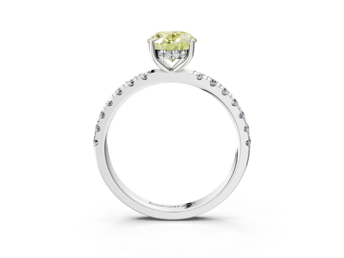 Fancy Yellow Oval Cut Diamond Pave Band Solitaire Ring with Round and Prong Setting Silver