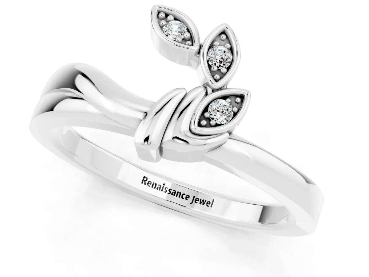 Three-Stone Round Moissanite Leaf Bypass Ring with Bezel Setting White gold