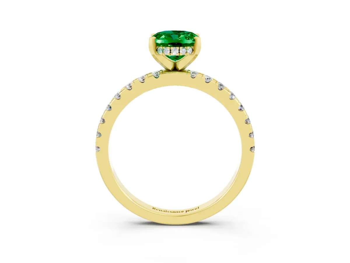 Oval Cut Emerald Solitaire Ring with Round Pavé Band and Four-Prong Setting Yellow gold