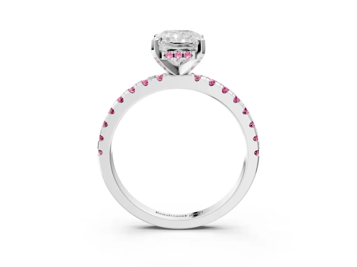 Radiant Cut Diamond Solitaire Ring with Round Pink Sapphire Pavé Band and Four-Prong Setting Silver