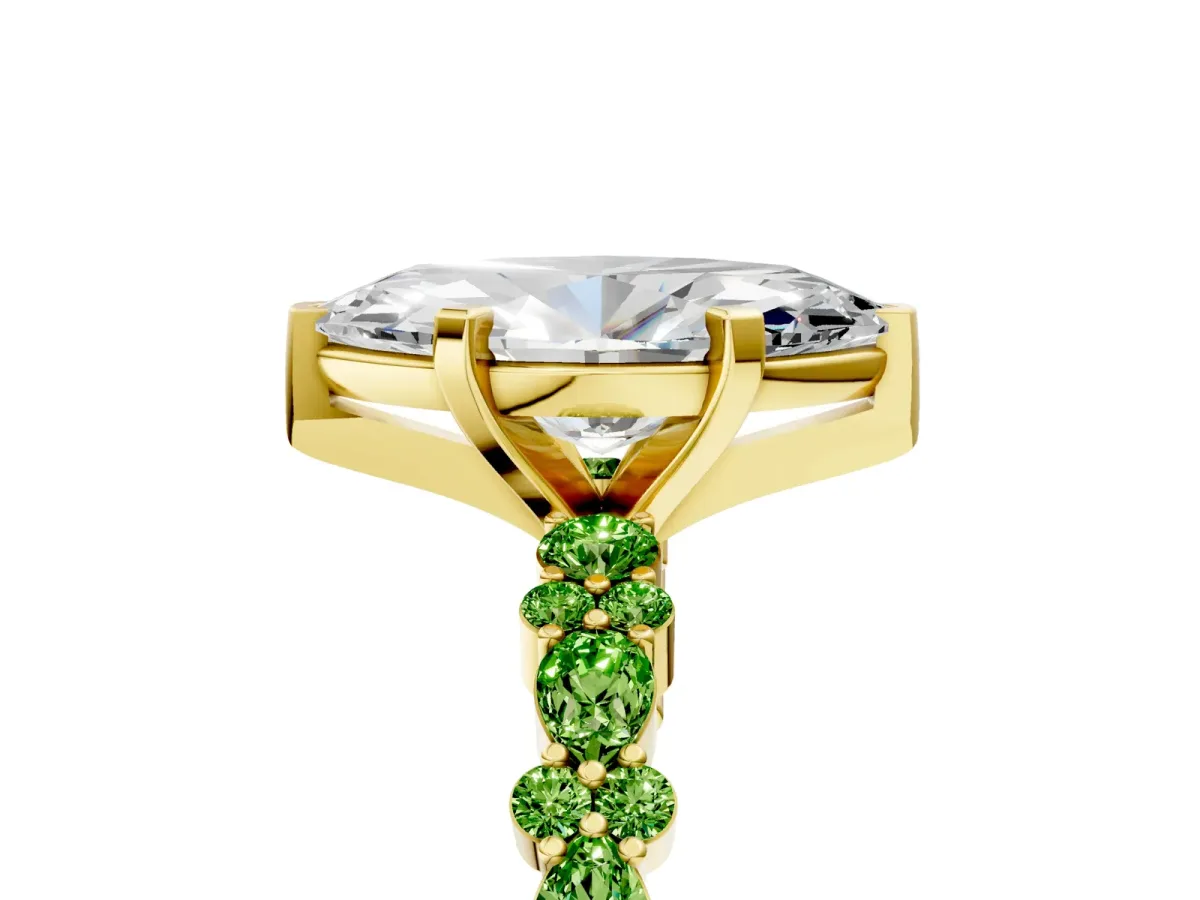 Marquise Cut Diamond Side Stone Solitaire Ring with Round Peridot and Four-Prong Setting Yellow gold