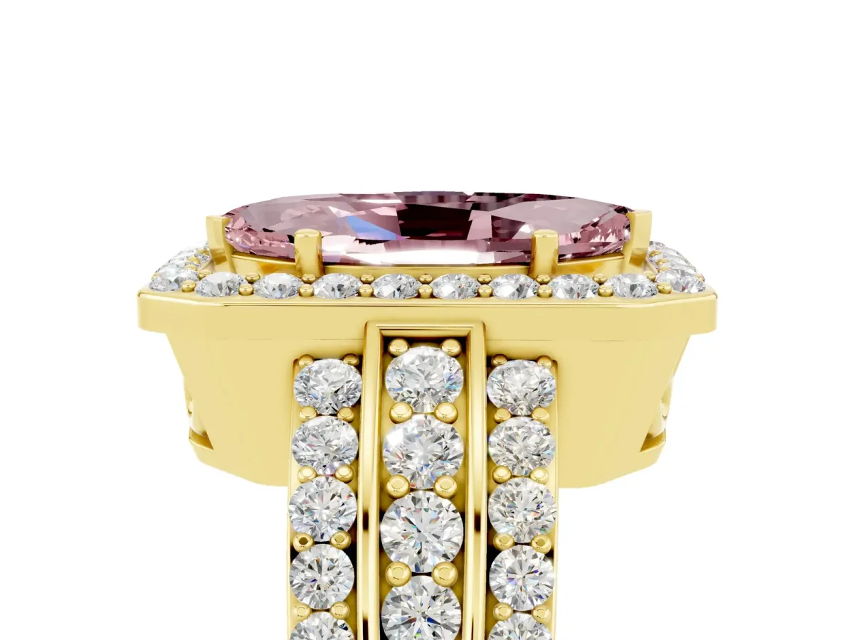 Marquise Cut Halo Morganite Ring with Round Split Shank and Prong Setting Yellow gold
