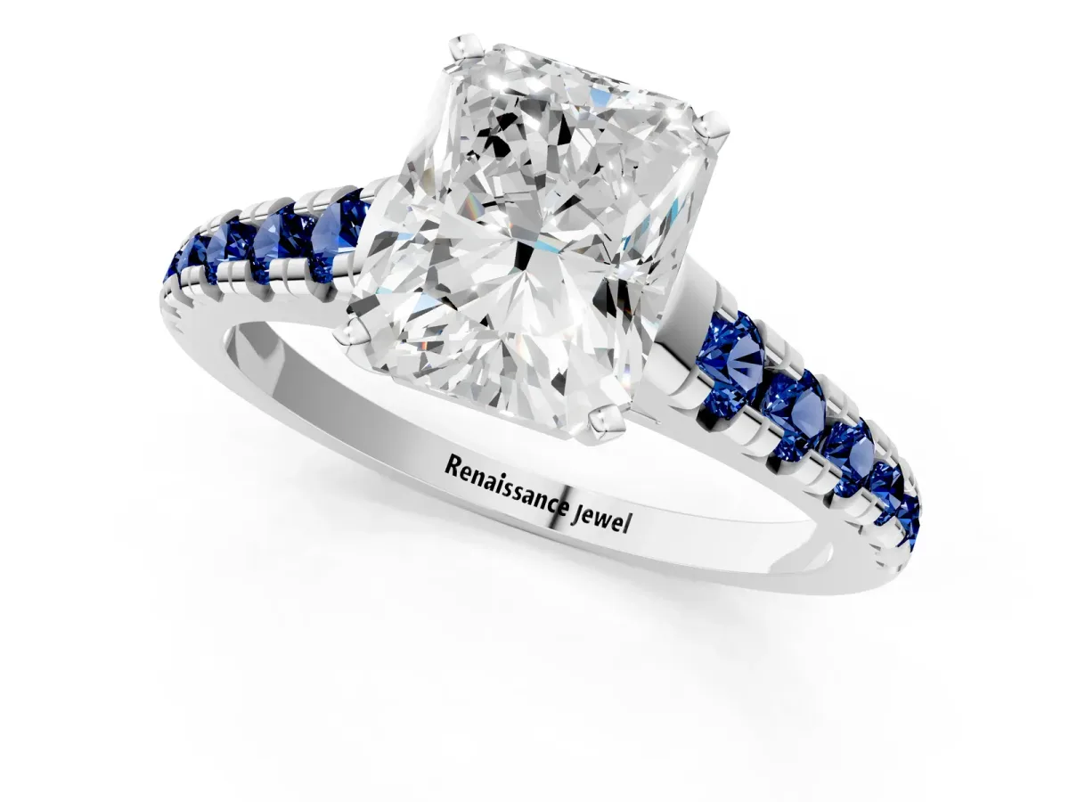 Radiant Cut Diamond Cathedral Solitaire Ring with Round Blue Sapphire Pavé Band Platinum