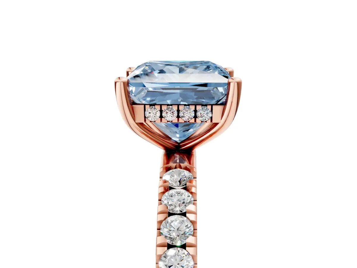 Fancy Blue Princess Cut Diamond Pave Band Solitaire Ring with Round and Prong Setting Rose gold