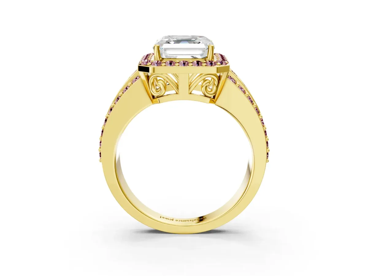 Asscher Cut Halo Diamond Ring with Round Morganite Split Shank and Prong Setting Yellow gold