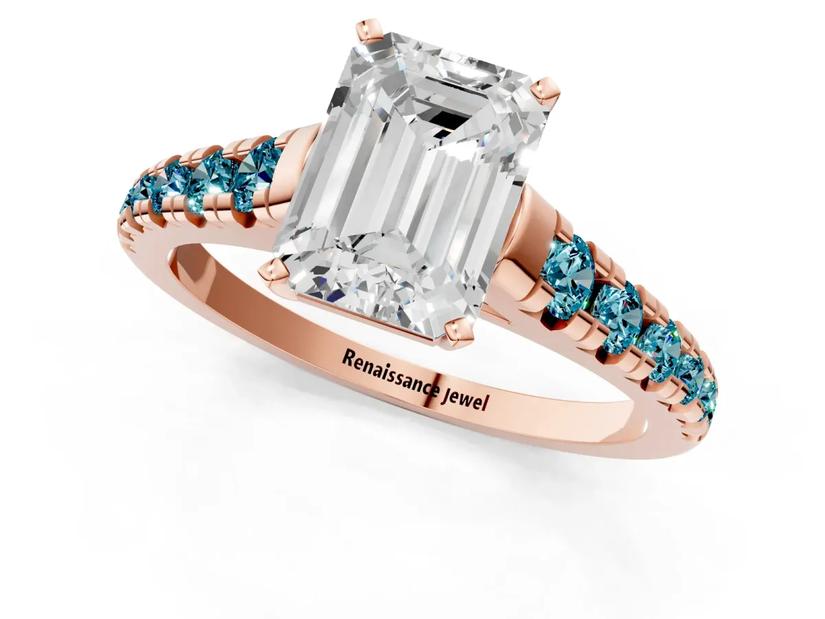 Emerald Cut Diamond Cathedral Solitaire Ring with Round Blue Topaz Pavé Band Rose gold