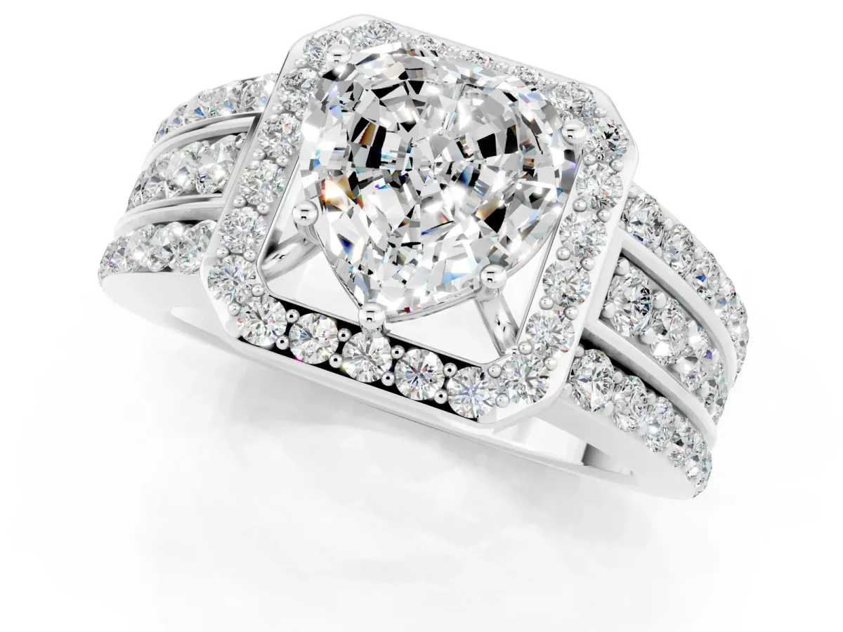 Heart Cut Halo Moissanite Ring with Round Split Shank and Prong Setting White gold