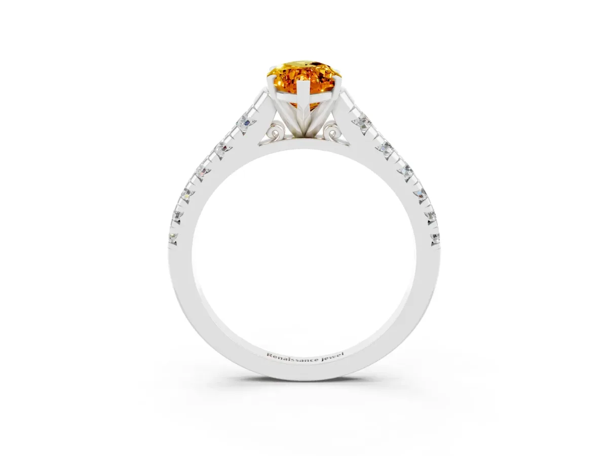 Marquise Cut Citrine Cathedral Solitaire Ring with Round Pavé Band Silver
