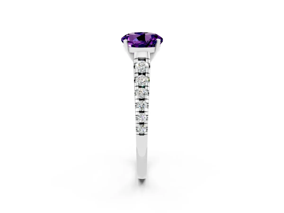 Round Cut Amethyst Cathedral Solitaire Ring with Round Pavé Band White gold