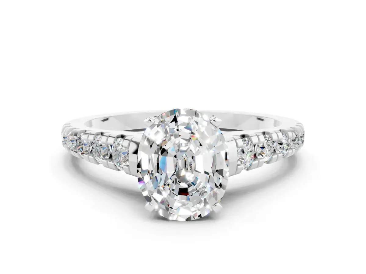 Oval Cut Moissanite Cathedral Solitaire Ring with Round Pavé Band Platinum