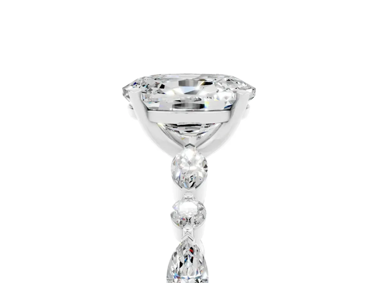 Oval Cut Moissanite Ring with Marquise and Round Side Stones and Four-Prong Setting Silver