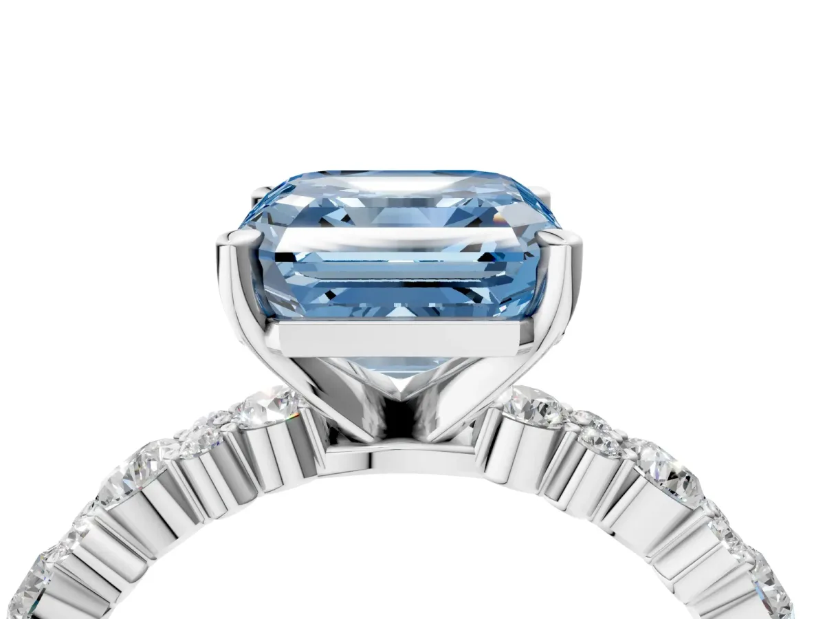 Fancy Blue Asscher Cut Diamond Side Stone Solitaire Ring with Round and Four-Prong Setting Platinum