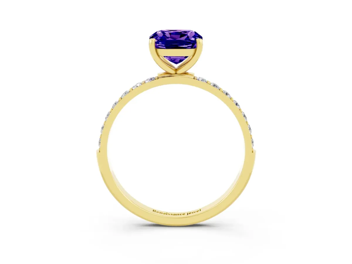 Cushion Cut Tanzanite Solitaire Ring with Round Pavé Band and Prong Setting Yellow gold