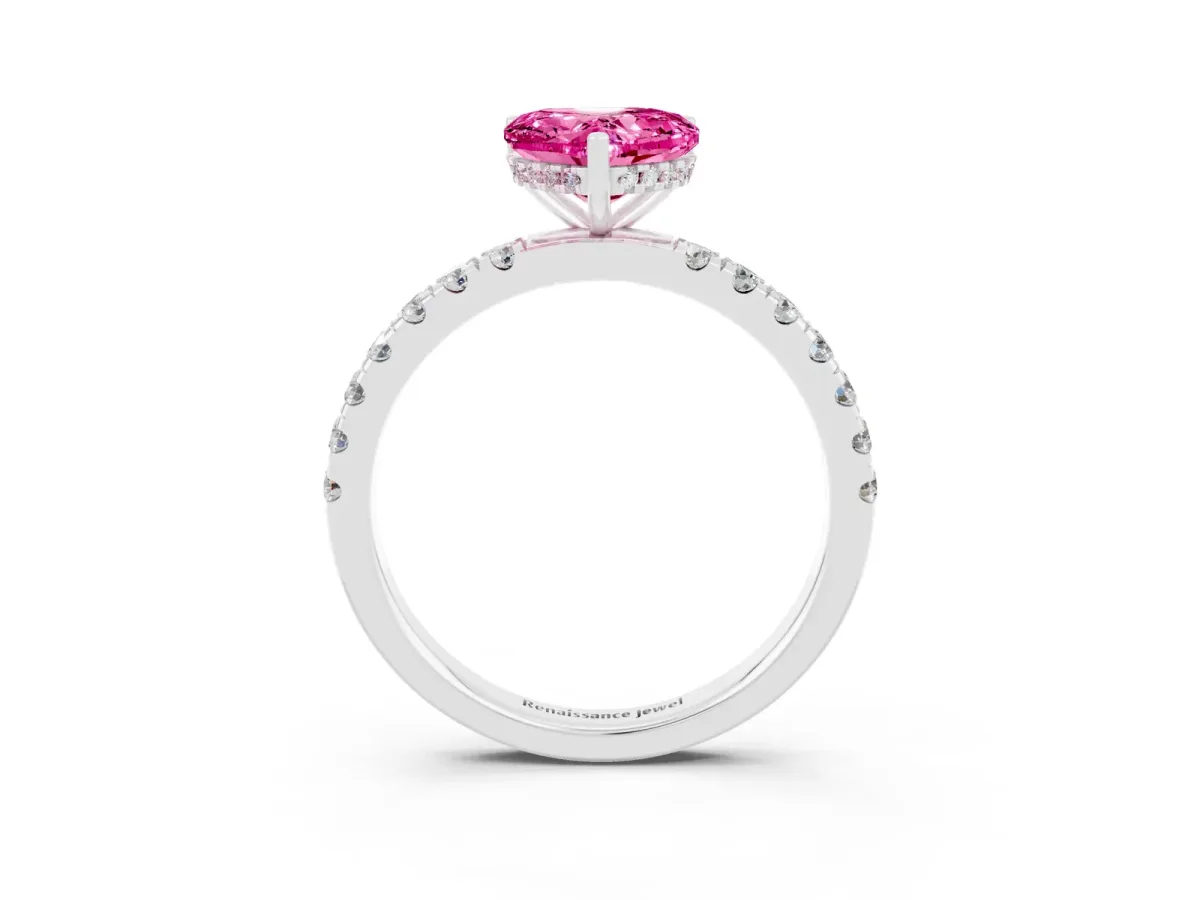 Heart Cut Pink Sapphire Pave Band Solitaire Ring with Round and Prong Setting Silver
