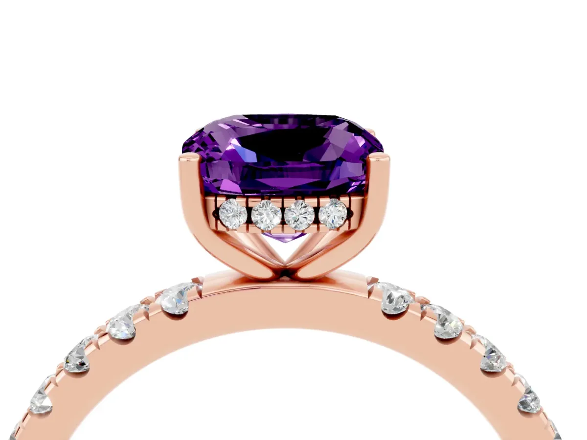 Cushion Cut Amethyst Pave Band Solitaire Ring with Round and Prong Setting Rose gold