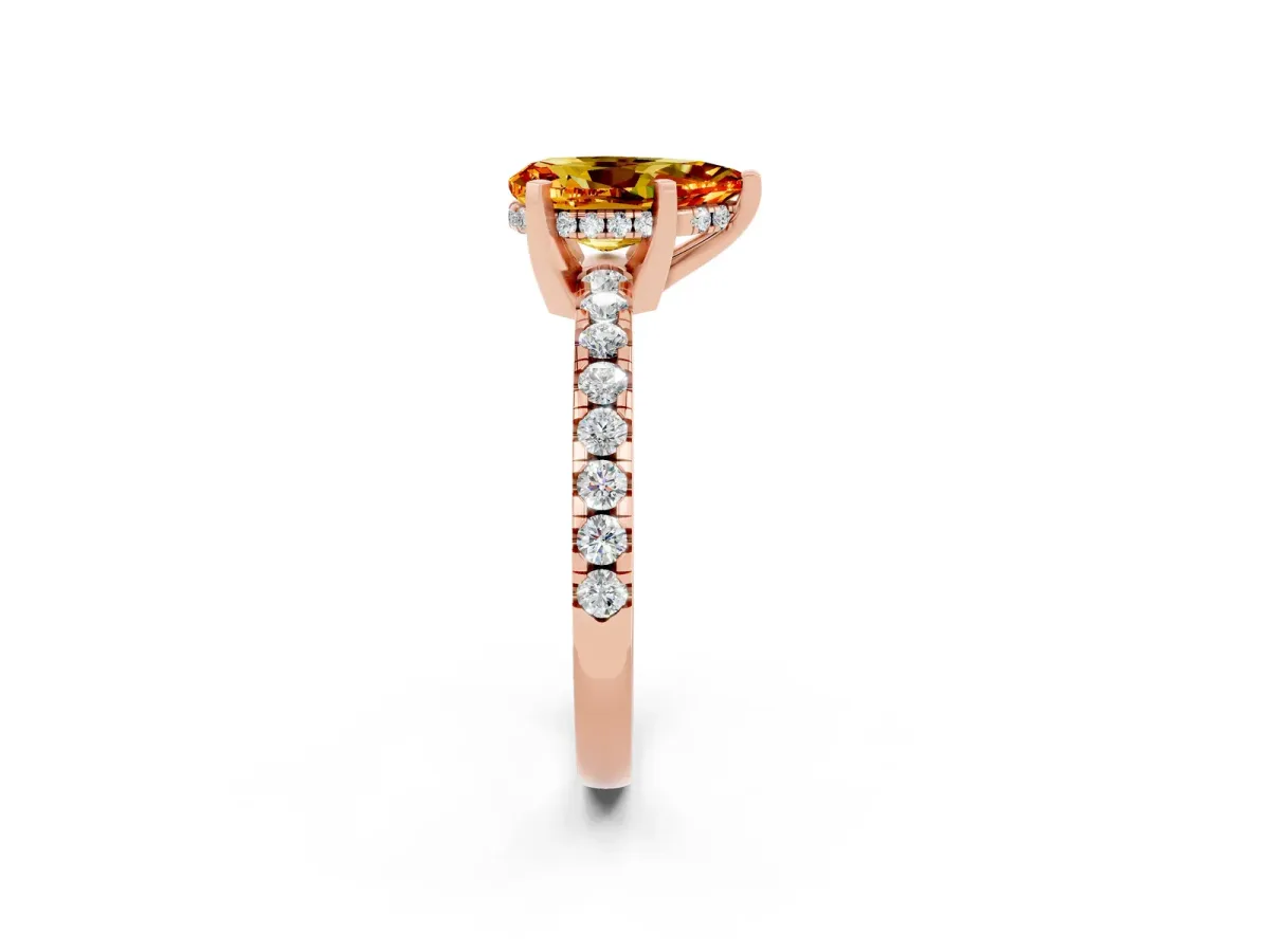 Pear Cut Citrine Solitaire Ring with Round Pavé Band and Four-Prong Setting Rose gold