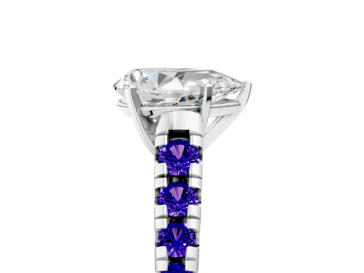 Pear Cut Diamond Cathedral Solitaire Ring with Round Tanzanite Pavé Band Platinum