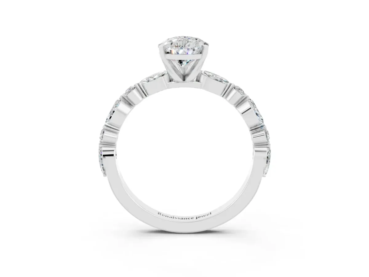 Pear Cut Moissanite Ring with Marquise and Round Side Stones and Four-Prong Setting Platinum