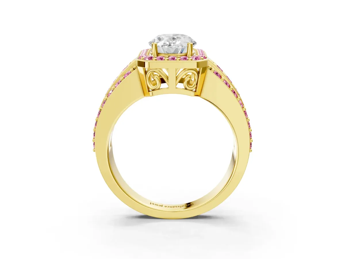 Oval Cut Halo Diamond Ring with Round Pink Sapphire Split Shank and Prong Setting Yellow gold