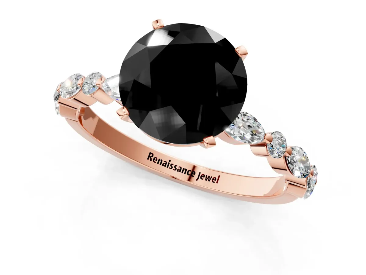 Fancy Black Round Cut Diamond Ring with Marquise and Round Side Stones and Four-Prong Setting Rose gold