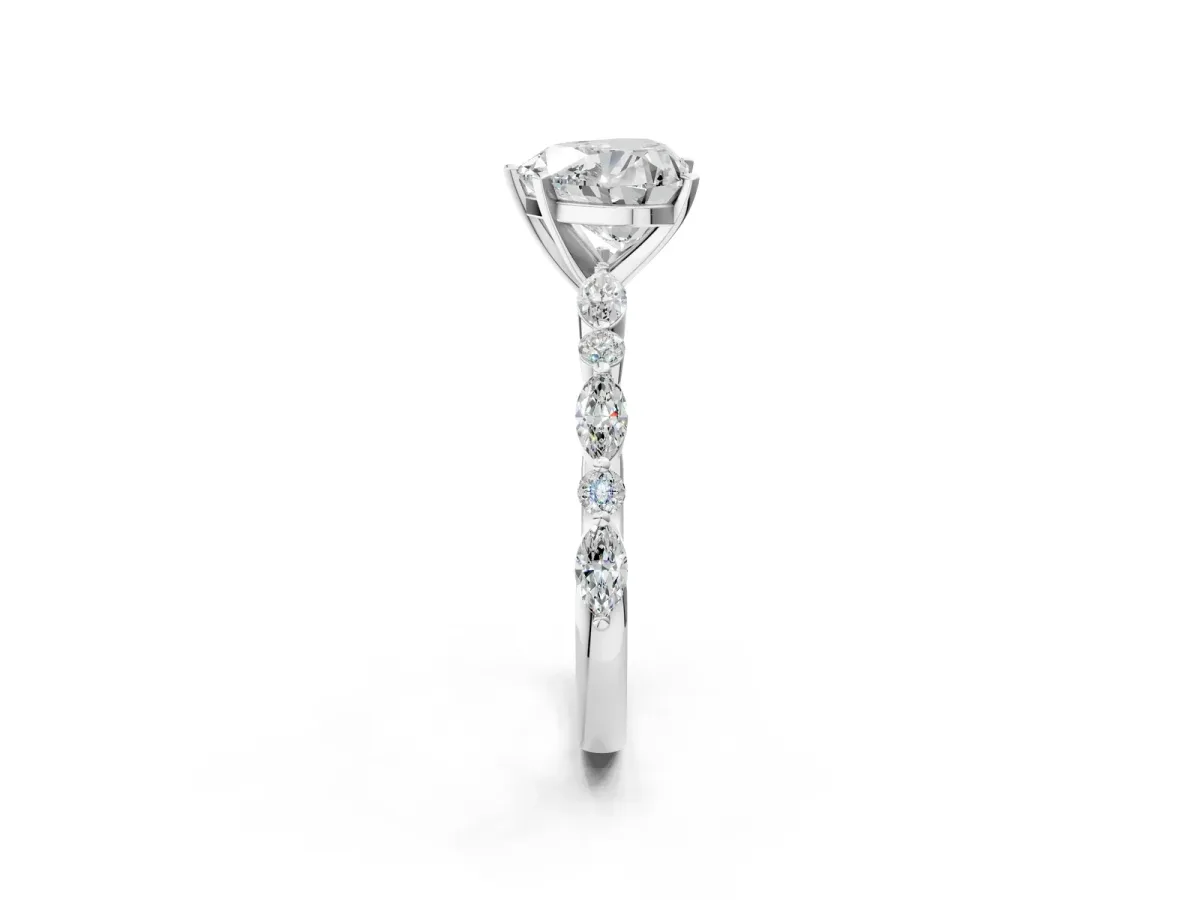 Heart Cut Diamond Ring with Marquise and Round Moissanite Side Stones and Four-Prong Setting Platinum