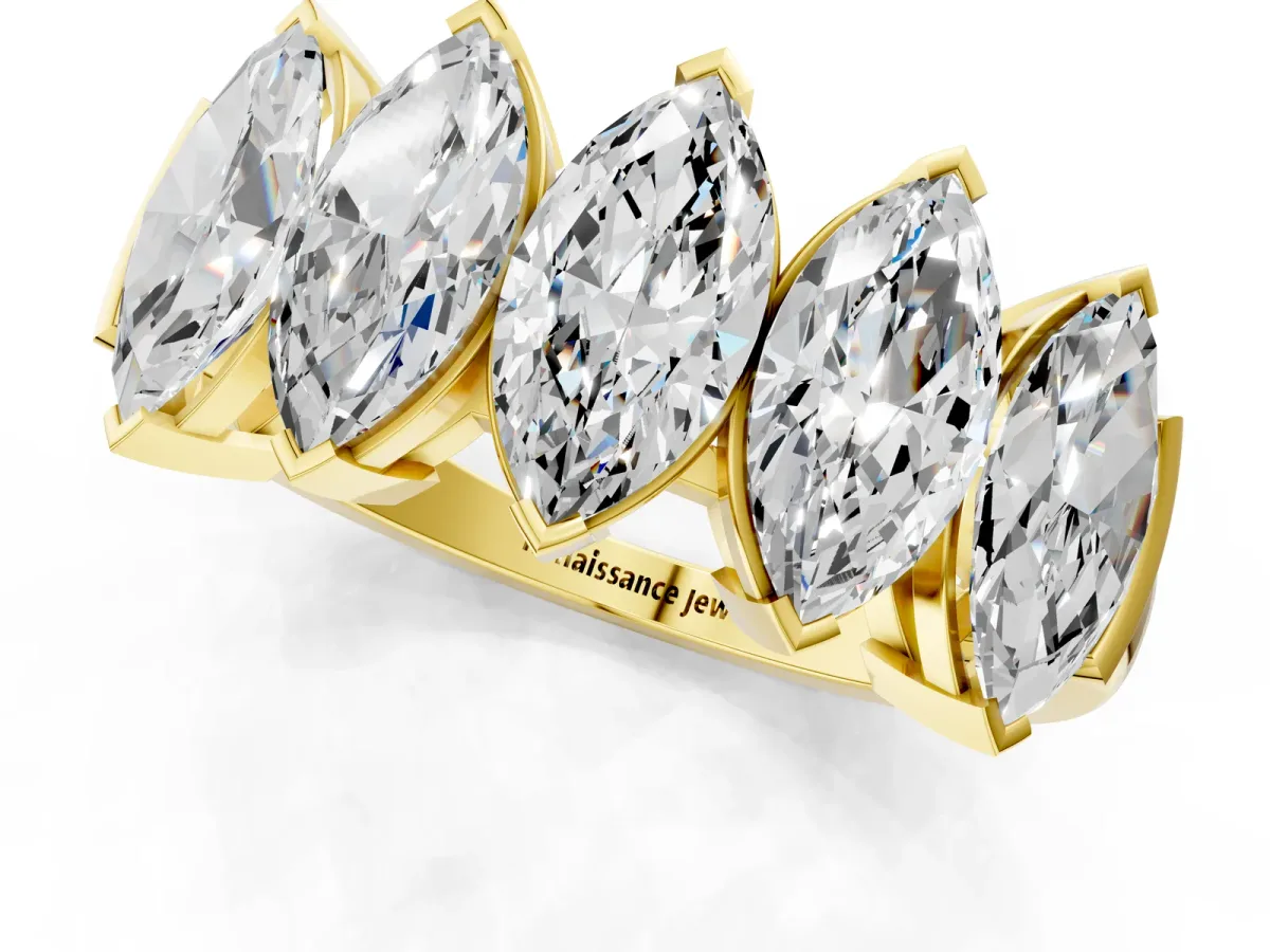 Five Stone Marquise Diamond Prong Set White Gold Band Yellow gold