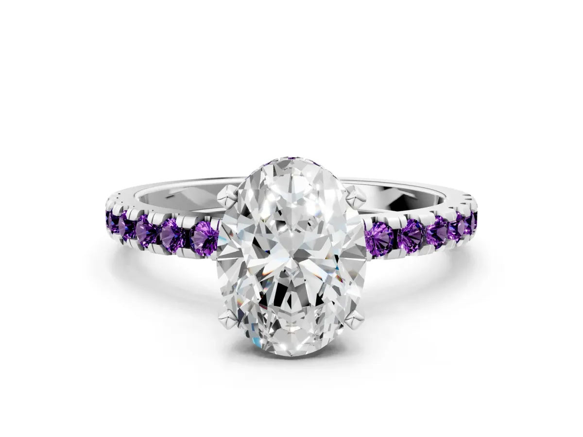 Oval Cut Diamond Solitaire Ring with Round Amethyst Pavé Band and Four-Prong Setting White gold