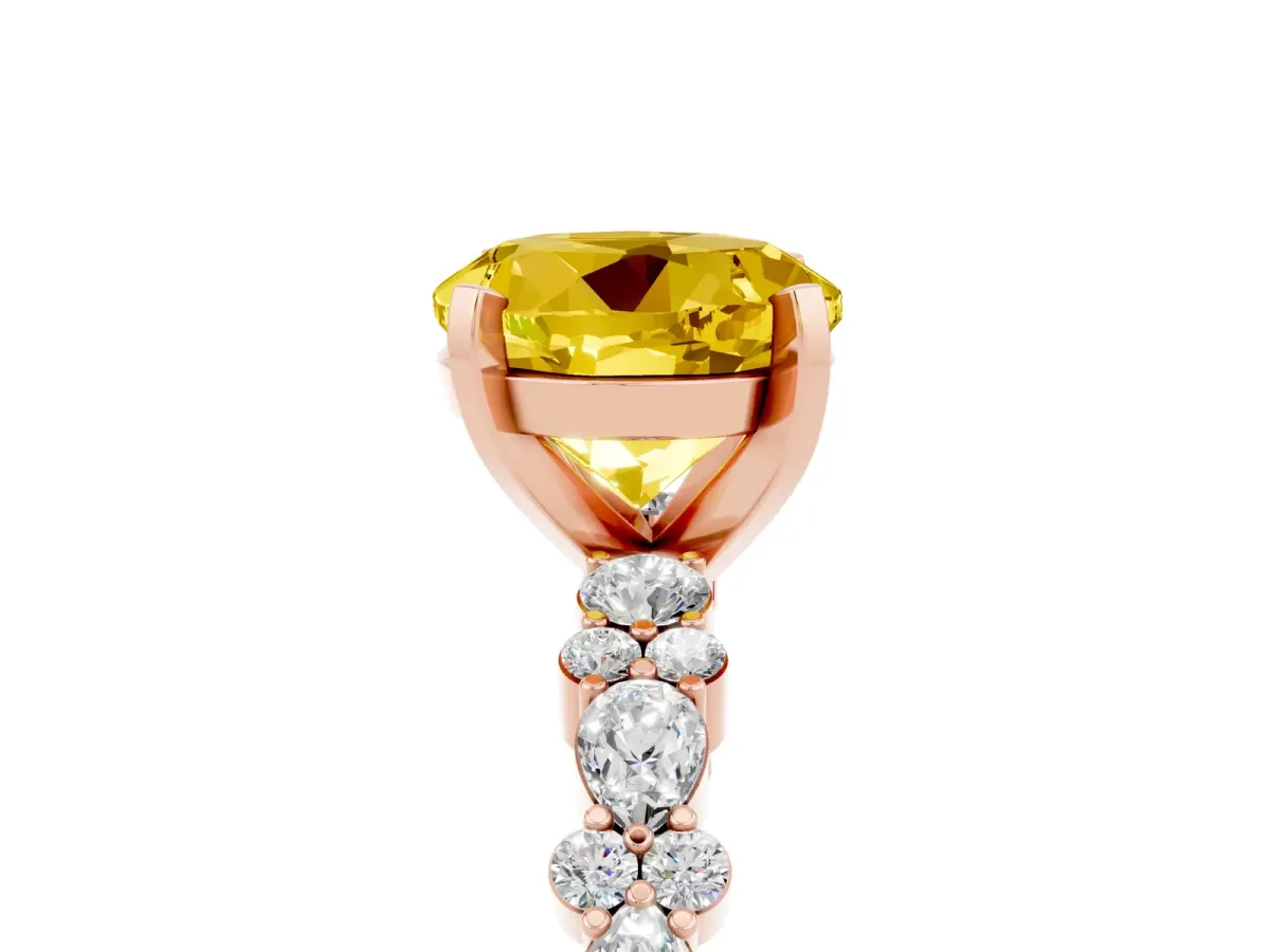 Round Cut Yellow Sapphire Side Stone Solitaire Ring with Round and Four-Prong Setting Rose gold