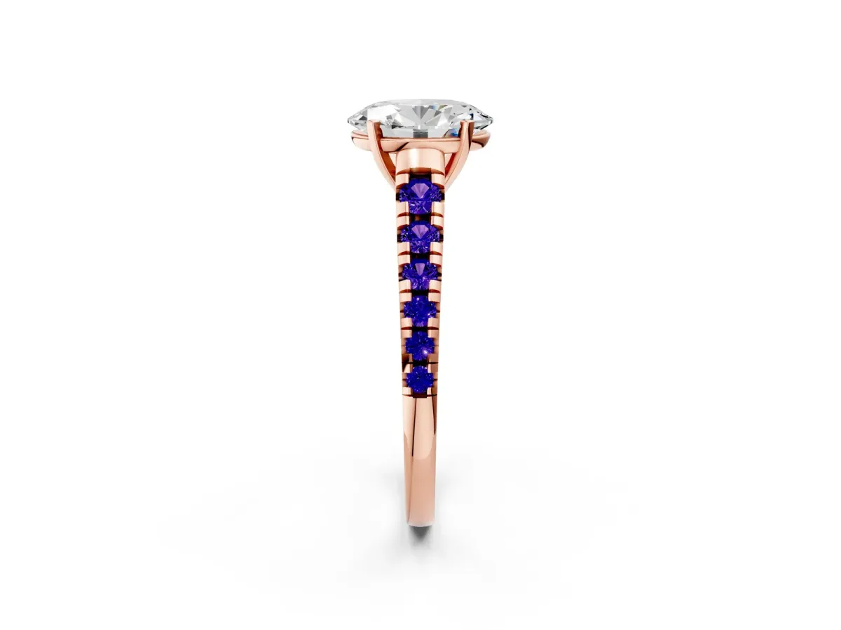 Oval Cut Diamond Cathedral Solitaire Ring with Round Tanzanite Pavé Band Rose gold
