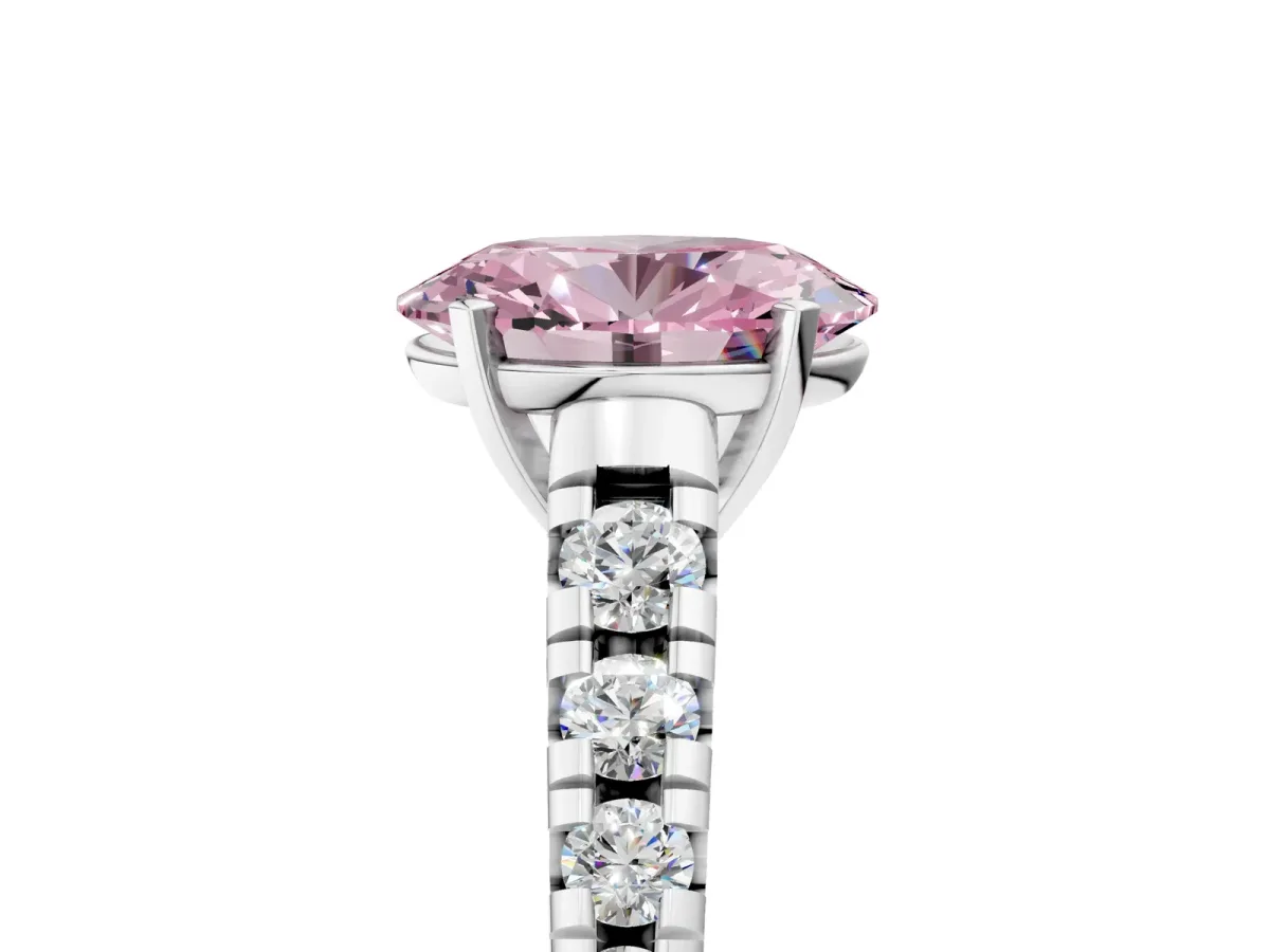 Fancy Pink Oval Cut Diamond Cathedral Solitaire Ring with Round Pavé Band White gold