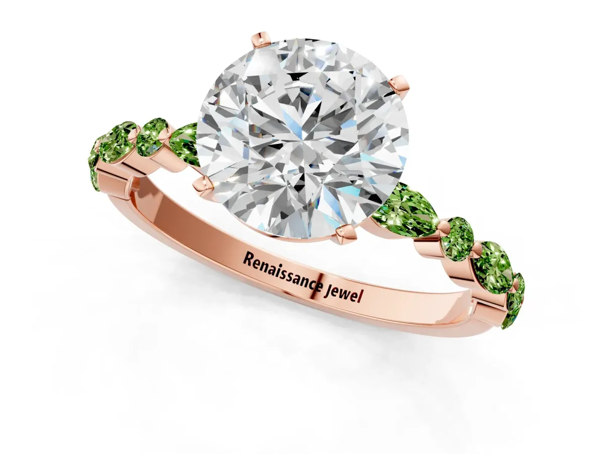 Round Cut Diamond Ring with Marquise and Round Peridot Side Stones and Four-Prong Setting Rose gold