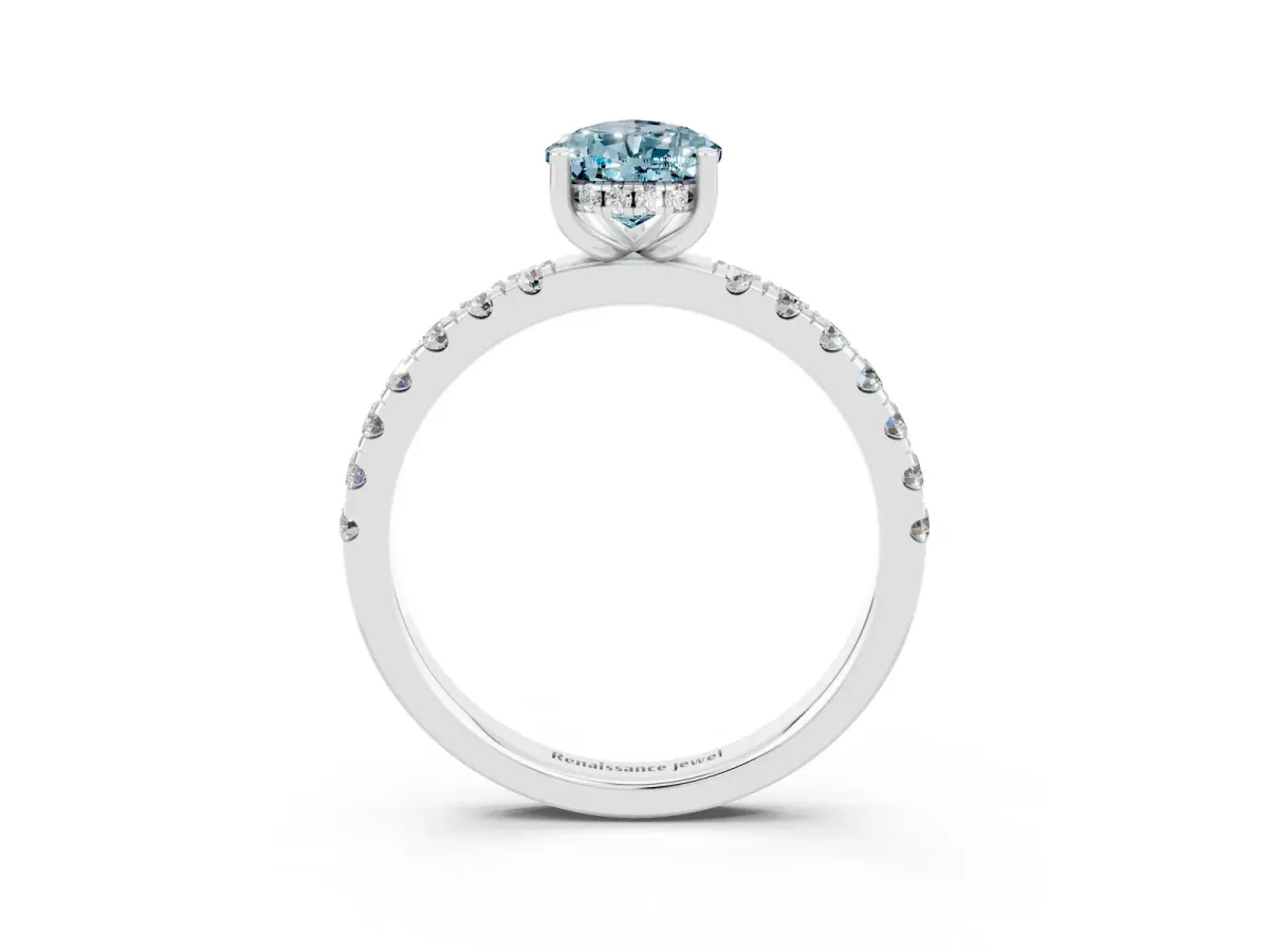Pear Cut Aquamarine Pave Band Solitaire Ring with Round and Prong Setting White gold