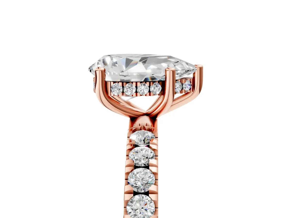 Pear Cut Diamond Pave Band Solitaire Ring with Round and Prong Setting Rose gold