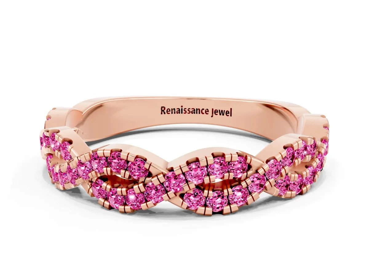 Round Pink Sapphire Twisted Eternity Band with Pavé and Shared Prong Setting Rose gold