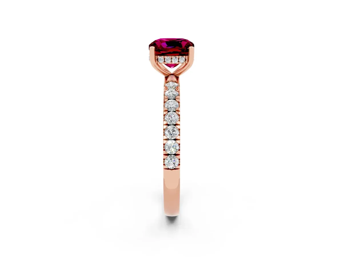 Cushion Cut Garnet Pave Band Solitaire Ring with Round and Prong Setting Rose gold