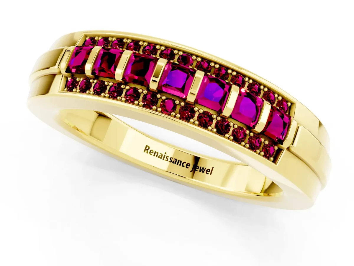Bar-Set Princess Cut Garnet Pavé Band Yellow gold