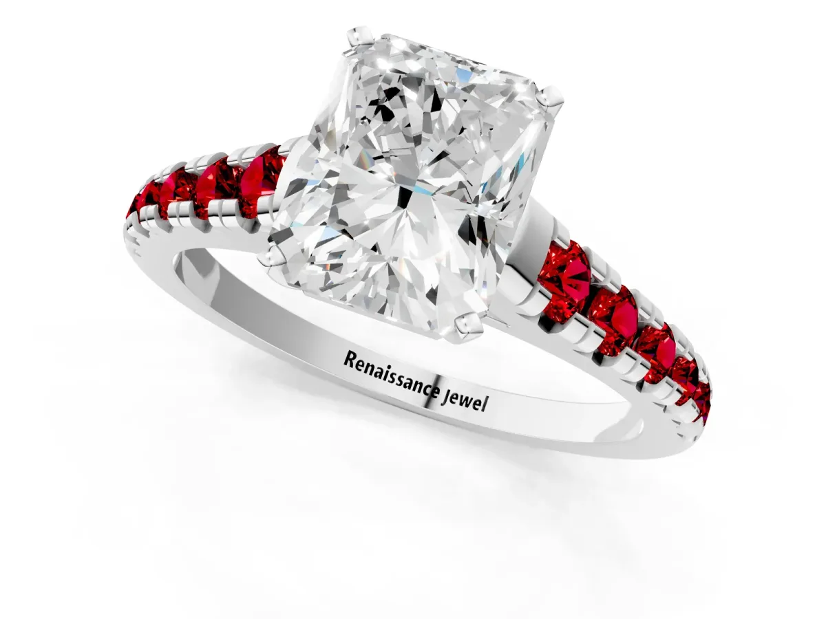 Radiant Cut Diamond Cathedral Solitaire Ring with Round Ruby Pavé Band Platinum