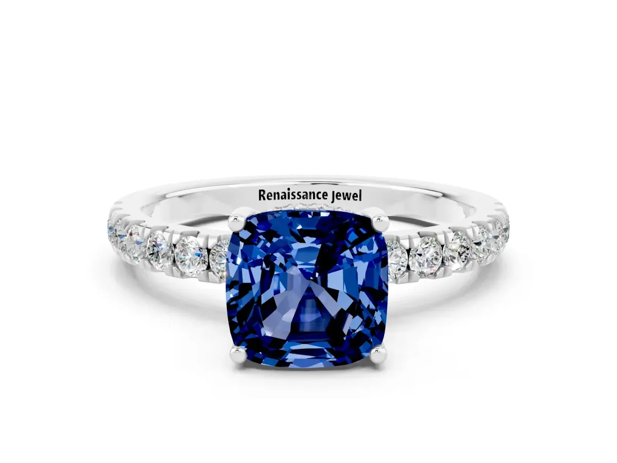 Cushion Cut Blue Sapphire Pave Band Solitaire Ring with Round and Prong Setting Platinum