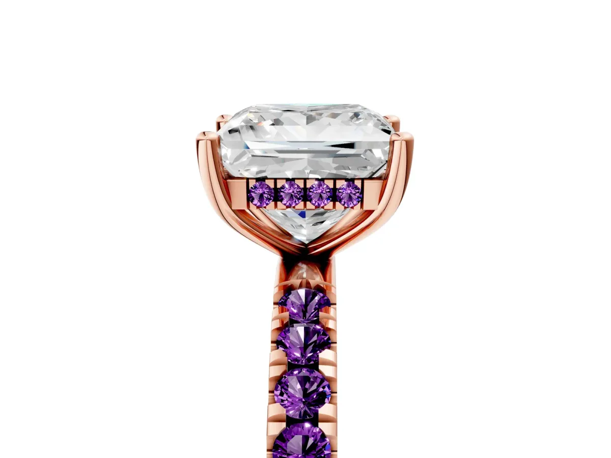Princess Cut Diamond Pave Band Solitaire Ring with Round Amethyst and Prong Setting Rose gold