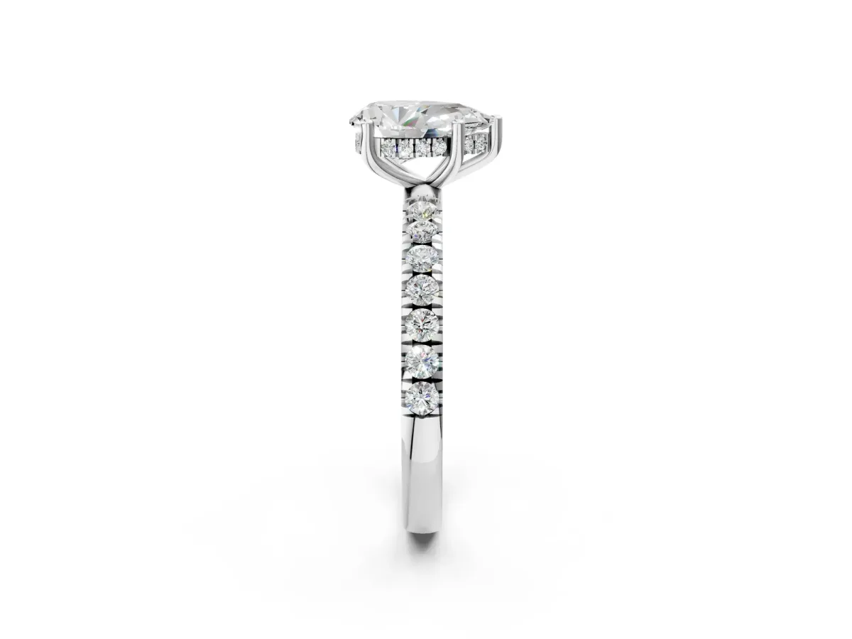 Pear Cut Diamond Pave Band Solitaire Ring with Round Moissanite and Prong Setting Platinum