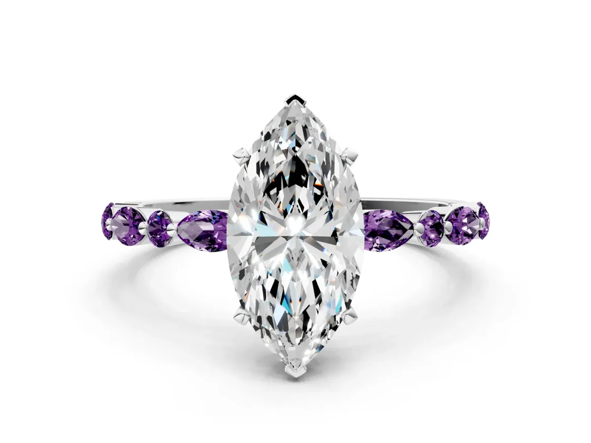 Marquise Cut Diamond Ring with Marquise and Round Amethyst Side Stones and Four-Prong Setting Silver